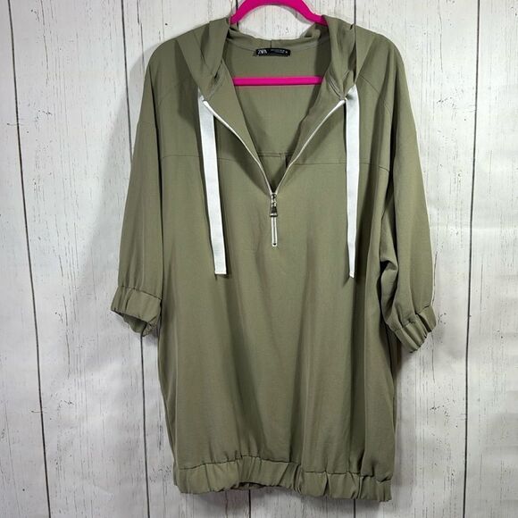 Zara Olive Green Oversized Hoodie Dress with Half Zip Size M Streetwear Edgy - Picture 2 of 16